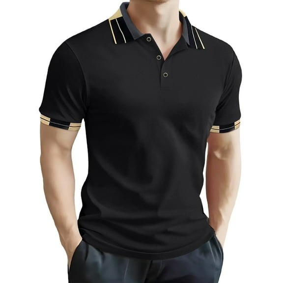 Fnnxeal Mens Polo Shirts Collared Button Casual Short Sleeve Summer Lightweight Black Polo Shirts for Men Size 2XL