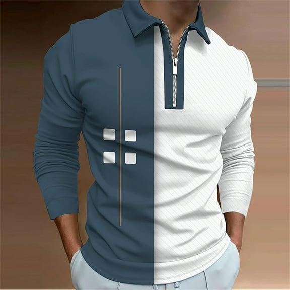 Fnnxeal Mens Polo Shirts Collared Casual Zipper Striped Long Sleeve Fall Winter Blue Polo Shirts for Men Size 2XL
