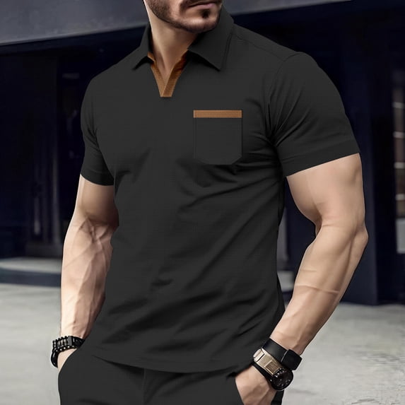 Fnnxeal Mens Polo Shirts Collared Summer Casual Short Sleeve Solid Waffle Polo Black Shirts for Men Size S