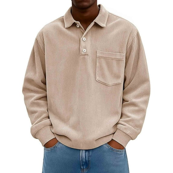 Fnnxeal Mens Polo Shirts Corduroy Casual Fall Winter Long Sleeve Collar Khaki Polo Shirts for Men Size M