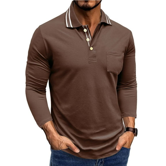 Fnnxeal Mens Polo Shirts Cotton Casual Fall Winter Button Long Sleeve with Pocket Coffee Lightweight Polos Shirts for Men Size XL