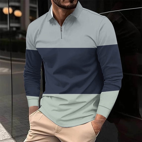 Fnnxeal Mens Polo Shirts Fall Winter Casual Collared Long Sleeve Striped Zipper Multicolor Polo Shirts for Men Size 4XL