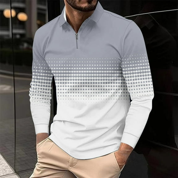 Fnnxeal Mens Polo Shirts Fall Winter Casual Long Sleeve Collared Button Gray Lightweight Polos Shirts for Men Size 2XL