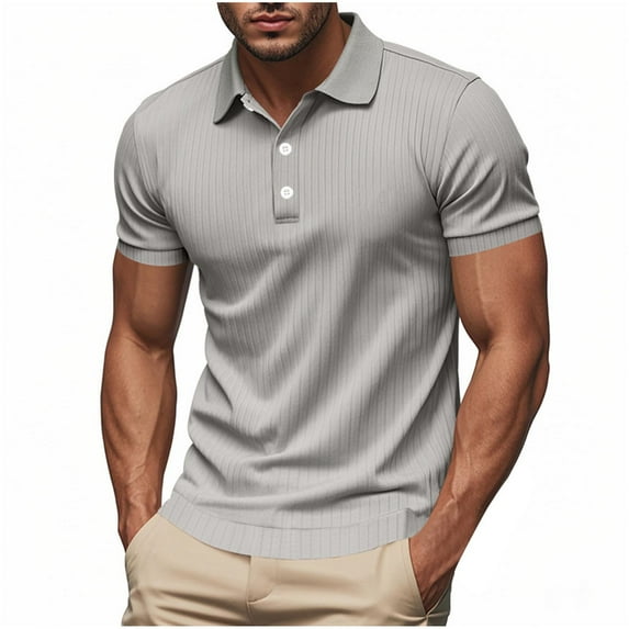 Fnnxeal Mens Polo Shirts, Knit Summer Button Casual Short Sleeve Gray Polo Shirts for Men Size M