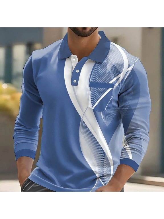 Mens Polo Shirts Long Sleeve Breathable Fall Winter Collar Casual Navy Polo Shirts for Men Size 2XL