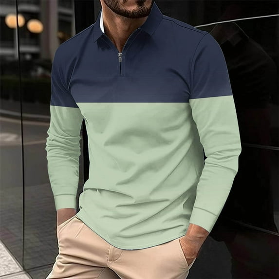 Fnnxeal Mens Polo Shirts Long Sleeve Collared Striped Fall Winter Casual Zipper Green Polo Shirts for Men Size 4XL