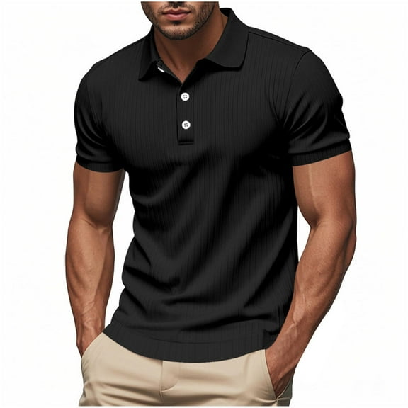 Fnnxeal Mens Polo Shirts, Short Sleeve Button Knit Summer Casual Black Polo Shirts for Men Size L