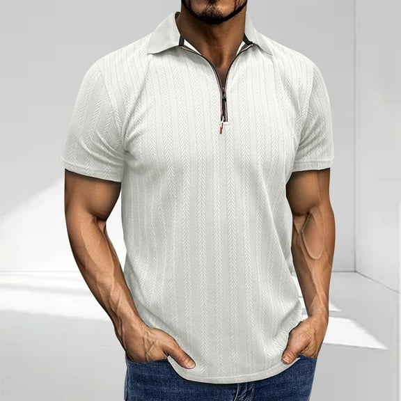 Fnnxeal Mens Polo Shirts, Short Sleeve Casual Summer Classic Zipper White Polo Shirts for Men Size XL