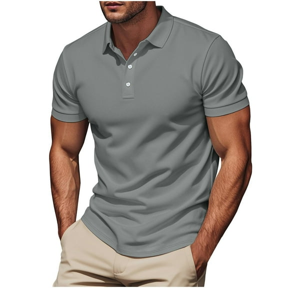 Fnnxeal Mens Polo Shirts, Short Sleeve Classic Casual Button Summer Dark Gray Polo Shirts for Men Size M