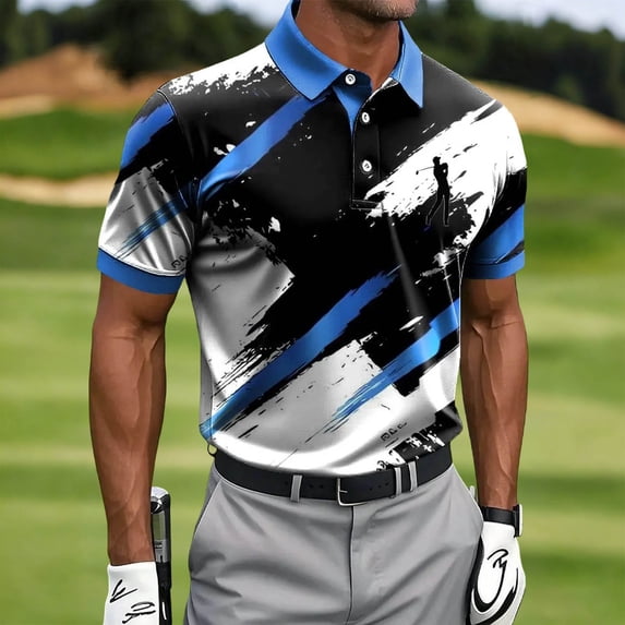 Fnnxeal Mens Polo Shirts Short Sleeve Graphic Summer Casual Collared Golf Polo Blue Shirts for Men Size 3XL