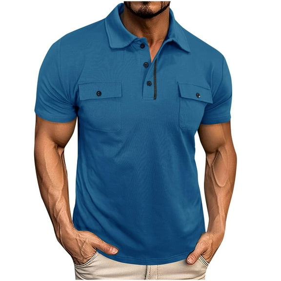 Fnnxeal Mens Polo Shirts Short Sleeve Lightweight Casual Summer Button Collared Blue Polo Shirts with Pockets Size L