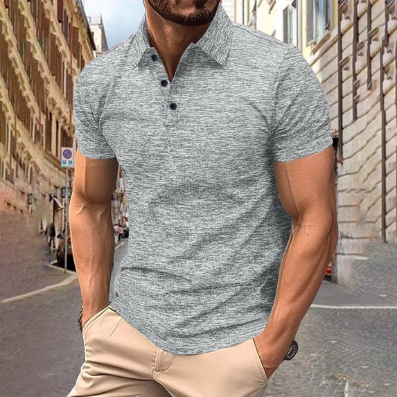 Fnnxeal Mens Polo Shirts Short Sleeve Solid Collared Casual Summer Button Polo Gray Shirts for Men Size M