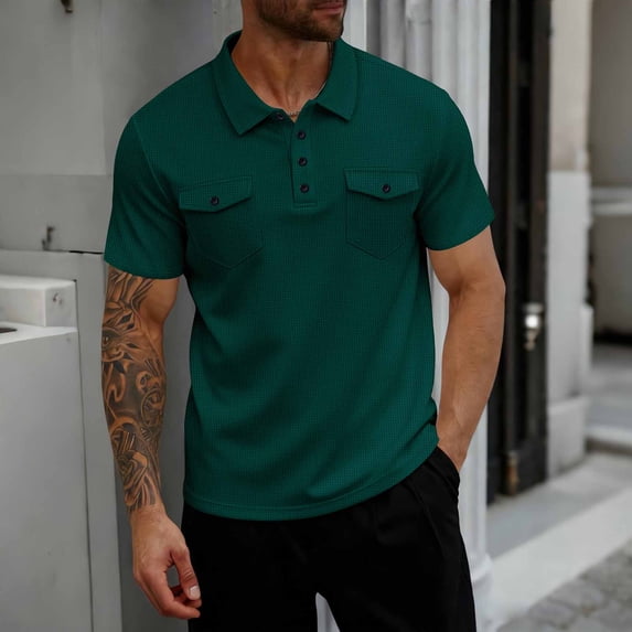 Fnnxeal Mens Polo Shirts Short Sleeve Waffle Summer Solid Collared Casual Polo Army Green Shirts for Men Size M