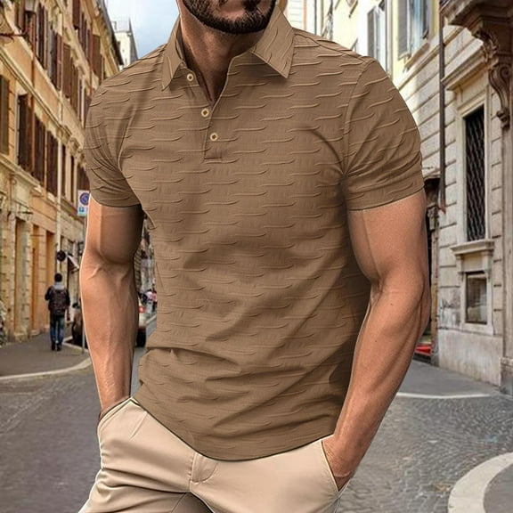 Fnnxeal Mens Polo Shirts, Short Sleeved Collared Solid Summer Big and Tall Shirt Casual Coffee Polo Shirts for Men Size L
