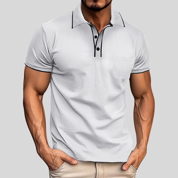 Fnnxeal Mens Polo Shirts, Solid Big and Tall Shirt Button Casual Collared Summer White Polo Shirts for Men Size L