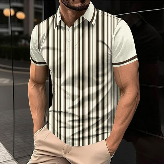 Fnnxeal Mens Polo Shirts, Striped Big and Tall Shirt Collared Summer Casual Beige Polo Shirts for Men Size 4XL