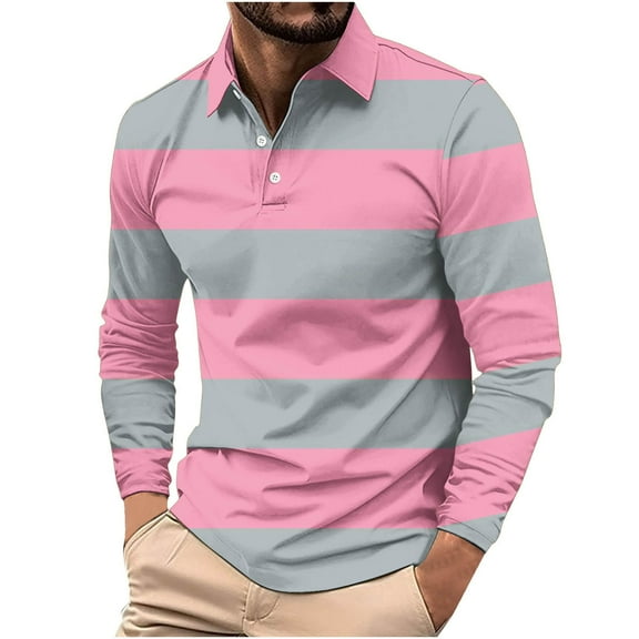 Fnnxeal Mens Polo Shirts Striped Collared Casual Button Fall Winter Long Sleeve Pink Polo Shirts for Men Size L