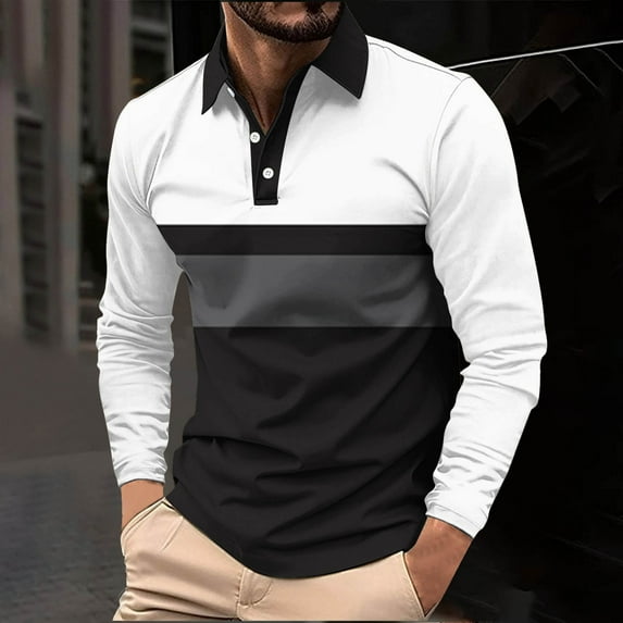 Fnnxeal Mens Polo Shirts Striped Collared Fall Winter Button Long Sleeve Casual Black Polo Shirts for Men Size XL
