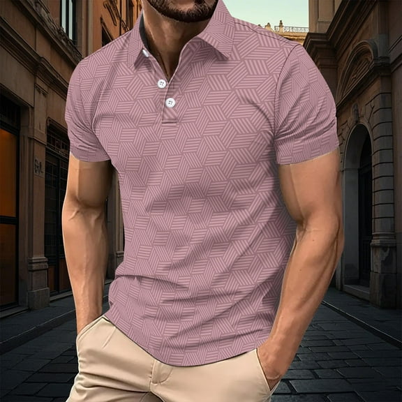 Fnnxeal Mens Polo Shirts, Summer Casual Shirt With Short Sleeves Collared Solid Lightweight Shirt for Men Pink