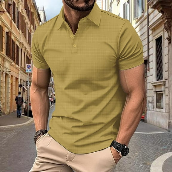 Fnnxeal Mens Polo Shirts, Summer Casual Shirt With Short Sleeves Lightweight Collared Solid Yellow Polo for Men Size L