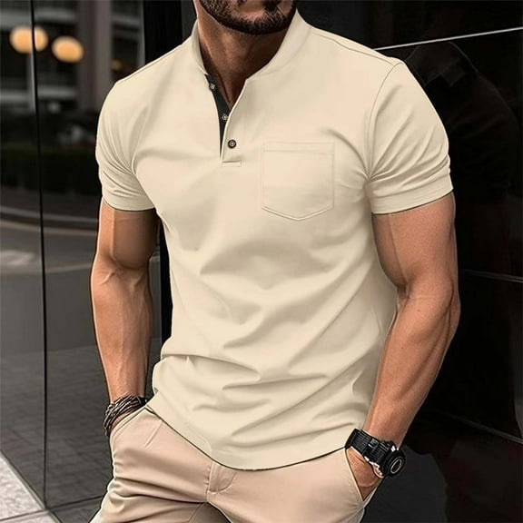 Fnnxeal Mens Polo Shirts, Summer Casual Shirt With Short Sleeves Solid Collared Lightweight Shirt for Men Khaki