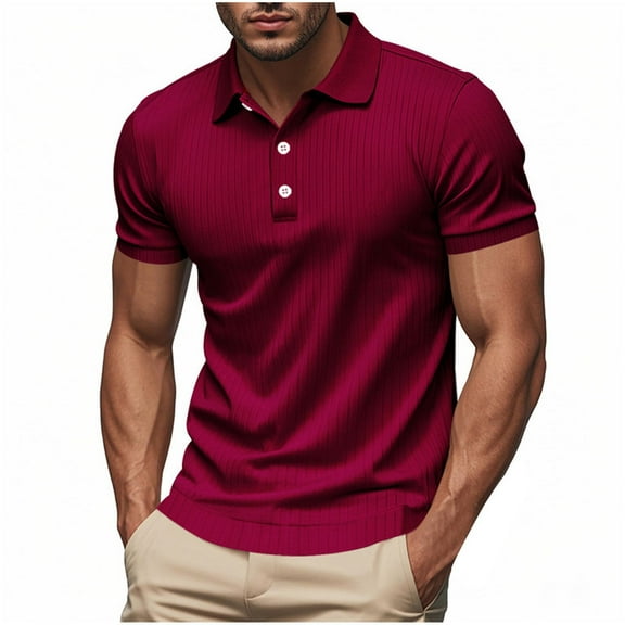 Fnnxeal Mens Polo Shirts, Summer Casual Short Sleeve Button Knit Wine Polo Shirts for Men Size M