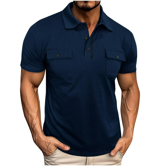 Fnnxeal Mens Polo Shirts Summer Collared Button Lightweight Short Sleeve Casual Navy Polo Shirts with Pockets Size XL