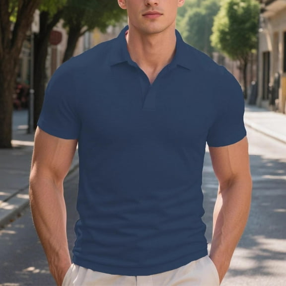 Fnnxeal Mens Polo Shirts, Summer Solid Classic Short Sleeve T-Shirt Casual Navy Lightweight Shirts for Men Size 2XL