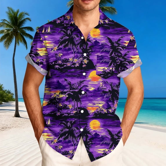 Fnnxeal Mens Purple Hawaiian Shirt Tropical Sunset Palm Tree Short Sleeve Button Down Shirt, Stretch, Vacation Beach Shirt for Men,Size 5XL