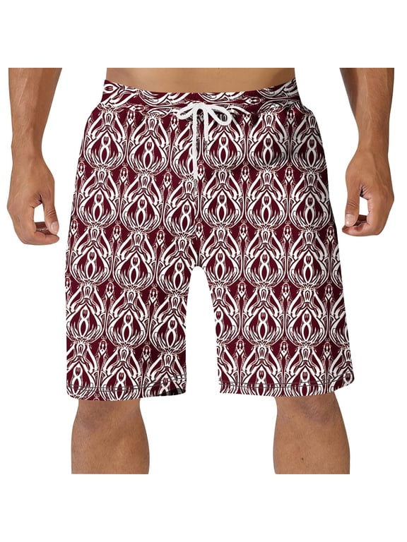 Mens Quick-Dry Swim Trunks, Boho Tribal Geometric Print Red White Board Shorts for Beach & Pool,Size S