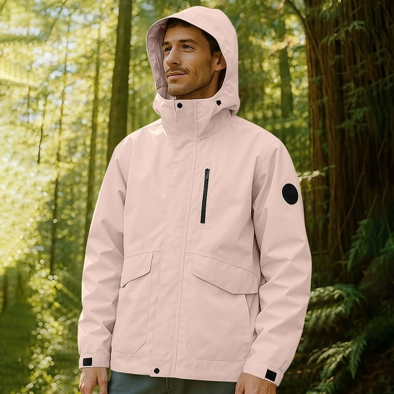 Fnnxeal Mens Rain Jackets Waterproof with Hood Fall Winter Long Sleeves Shirts Outdoor Windbreaker Lightweight Shirts Coat with Pocket Casual Pink Jackets for Men Size L