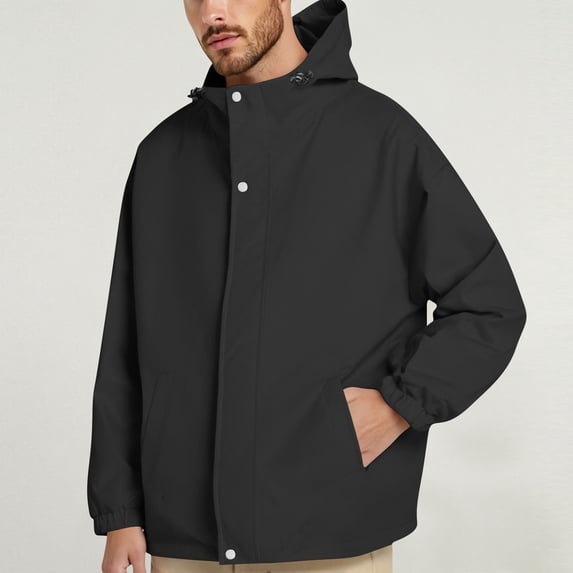 Fnnxeal Mens Rain Jackets Waterproof with Hood Fall Winter Long Sleeves Shirts Outdoor Windbreaker Lightweight Shirts Coat with Pockets Casual Black Jackets for Men Size 3XL
