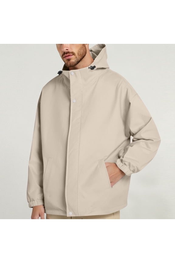 Mens Rain Jackets Waterproof with Hood Outdoor Fall Winter Long Sleeves Shirts Windbreaker Lightweight Shirts Coat with Pockets Casual Beige Jackets for Men Size M