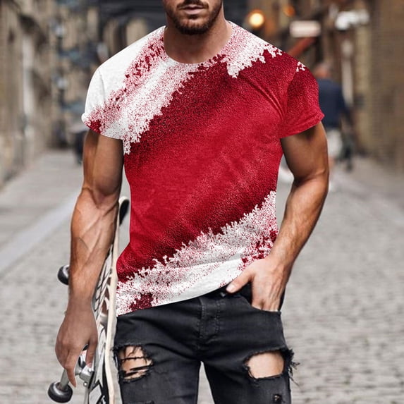Fnnxeal Mens Red Bold 3D Print T-Shirts Abstract Graphic Tee Casual Short Sleeve Polyester Spandex Performance Athletic Top Big and Tall M to 5XL,Size L