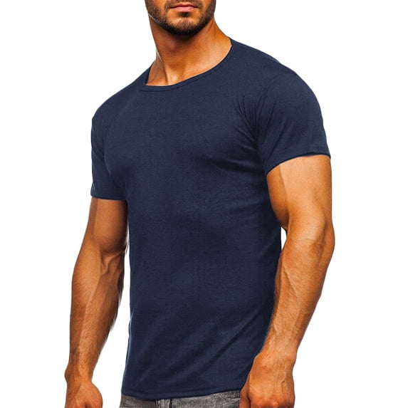 Fnnxeal Mens Ribbed Performance T-Shirt Fitted Stretch Breathable Crew Neck Short Sleeve Gym Tee Blue,Size M