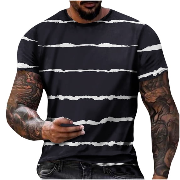 Fnnxeal Mens Ripped Stripe Short Sleeve Crew Neck T-Shirt Blue Big & Tall 7XL Stretch Streetwear Tee,Size 4XL