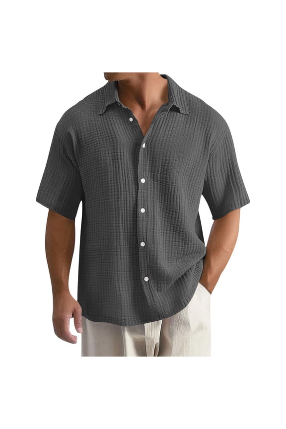 Mens Short Sleeve Button Down Shirt Oversized Casual Crinkle Gauze Summer Top Gray Polyester Breathable,Size 2XL