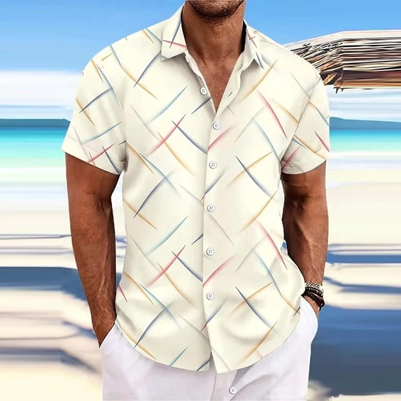 Fnnxeal Mens Short Sleeve Printed Button Up Shirt | Yellow Geometric Slim Fit Casual Shirt for Men, Resort Vacation Wear,Size XL