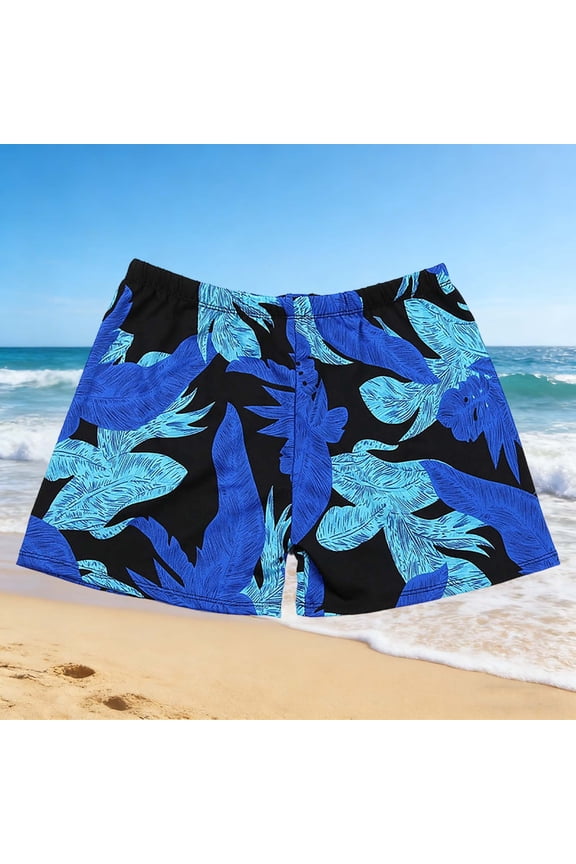 Mens Sky Blue Palm Leaf Print Quick Dry Swim Trunks with Button Fly, Elastic Waist Beach Board Shorts,Size Free Size