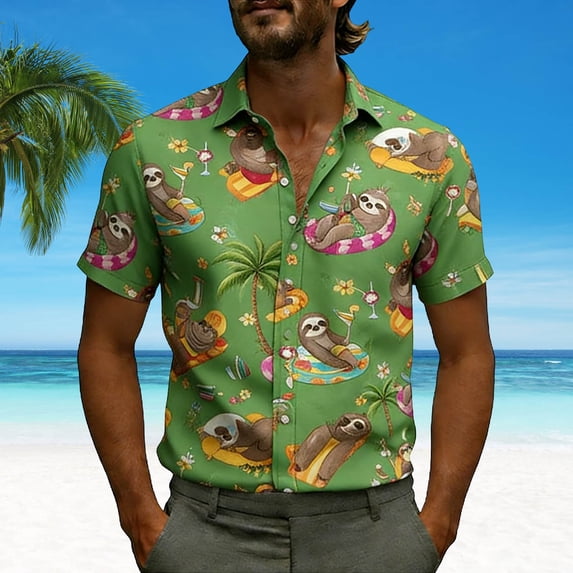 Fnnxeal Mens Sloth Hawaiian Shirt Short Sleeve Button Up, Funny Tropical Aloha Shirt with Cartoon Print for Beach Vacation & Luau Party,Size S