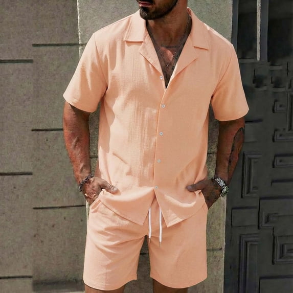 Fnnxeal Mens Summer Casual Vacation Outfits 2 Piece Linen Blend Cuban Collar Short Sleeve Set with Pockets Khaki S-XXXL,Size 2XL