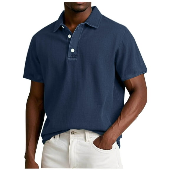 Fnnxeal Mens Summer Polo Shirts, Button Big and Tall Colleaed Tees Men’s Short Sleeve Shirt Solid Casual Shirt Navy T-Shirt 5XL