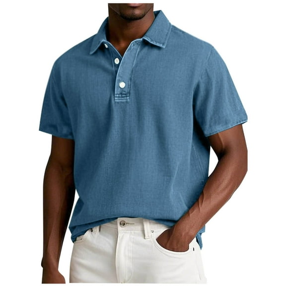 Fnnxeal Mens Summer Polo Shirts, Men’s Short Sleeve Shirt Solid Casual Shirt Big and Tall Colleaed Tees Button Blue T-Shirt 4XL