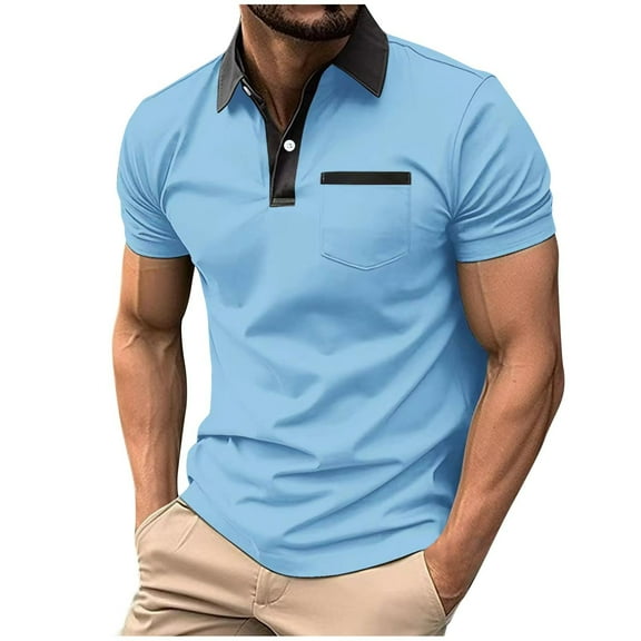 Fnnxeal Mens Summer Polo Shirts, Solid Casual Shirt Big and Tall Colleaed Tees Button Men’s Short Sleeve Polo Shirt Sky Blue T-Shirts 2XL
