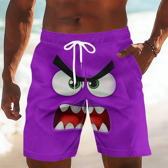 Fnnxeal Mens Swim Trunks Board Shorts Funny Cartoon Monster Face Print Quick Dry Beach Shorts with Pockets Purple Novelty Graphic,Size L
