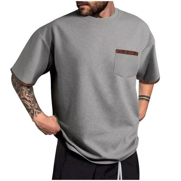 Fnnxeal Mens T-Shirts, Big and Tall Shirt Casual Summer Solid Loose Short Sleeves Tees with Pocket Gray Shirt for Men Size 2XL