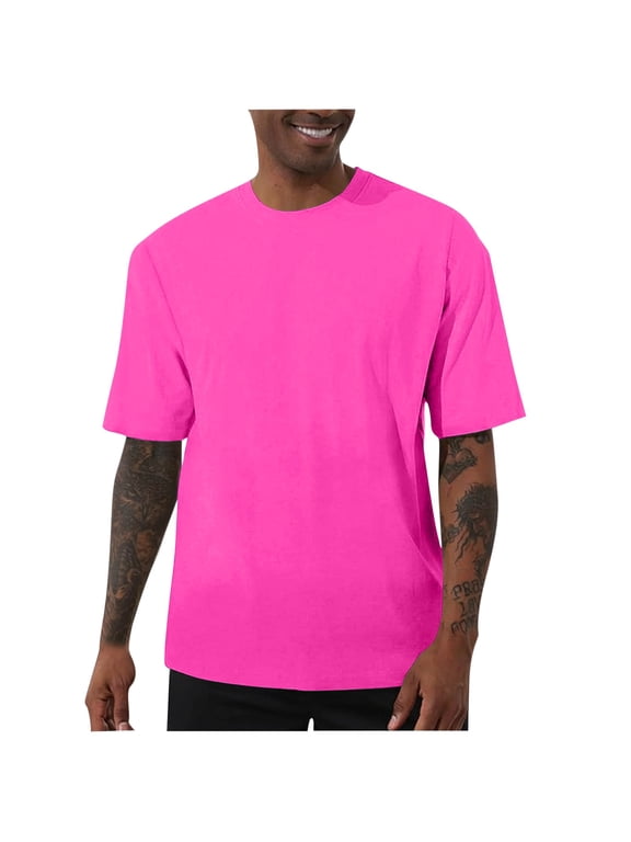 Mens T-Shirts Casual Short Sleeve Loose Solid Crew Neck Hot Pink Shirts for Men Size XL