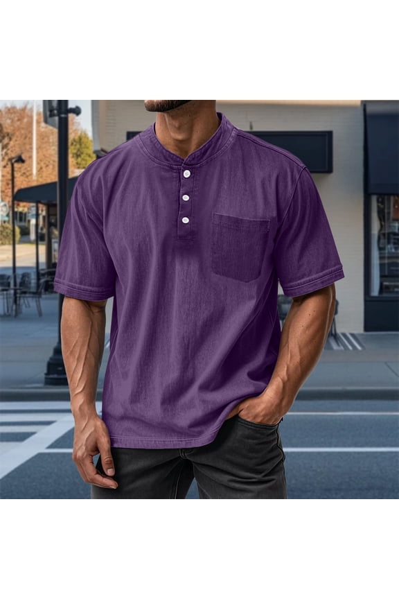 Mens T-Shirts Casual Short Sleeves Tees with Pocket Big and Tall Shirt Summer Relaxed Fit Solid Purple Shirt for Men Size 5XL