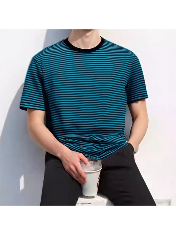 Mens T-Shirts Casual Summer Crew Neck Short Sleeve Striped Blue Shirts for Men Size XL