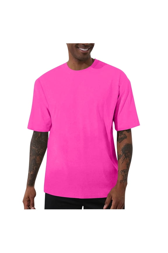 Mens T-Shirts Crew Neck Loose Short Sleeve Casual Solid Hot Pink Shirts for Men Size 2XL